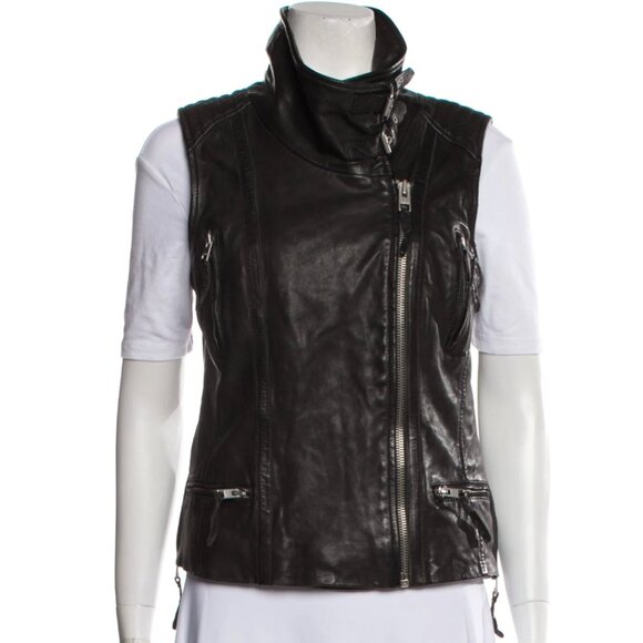 AllSaints Lamb Leather Biker Moto Jacket Sleeveless Vest Quilted Collar Vents - Picture 1 of 7